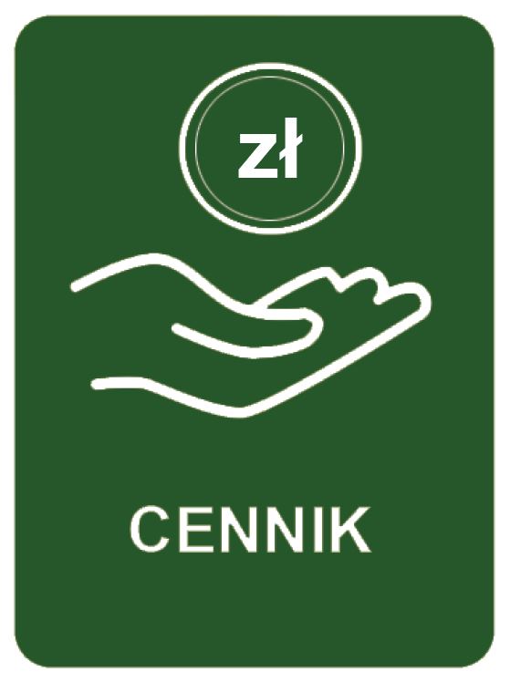 Piktogram - ręka z monetą i napis cennik