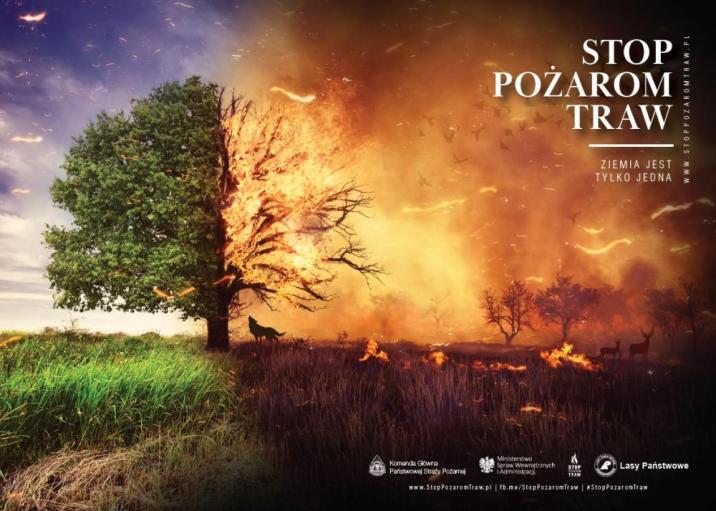 Plakat&#x20;z&#x20;płonącym&#x20;polem&#x20;i&#x20;drzewem&#x20;z&#x20;napisem&#x20;stop&#x20;pożarom&#x20;traw&#x2c;&#x20;ziemia&#x20;jest&#x20;tylko&#x20;jedna