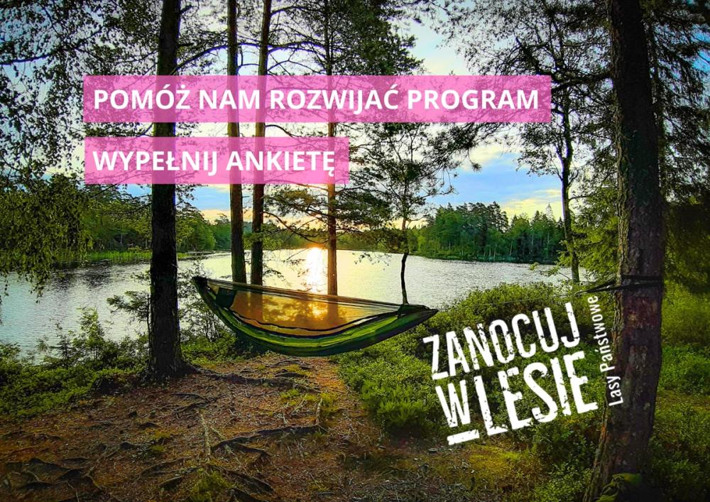 Na zdjeciu hamak zawieszony między drzewami, w tle jezioro i zachodzące słońce. Na grafikę naniesiono logo programu "Zanocuj w lesie" oraz napis "Pomóż nam rozwijać program. Wypełnij ankietę"